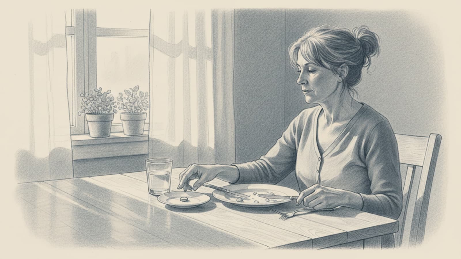 A dinner table at dusk, a plate half finished, a glass of water and a single small tablet beside it, a woman in her fifties reaching for it