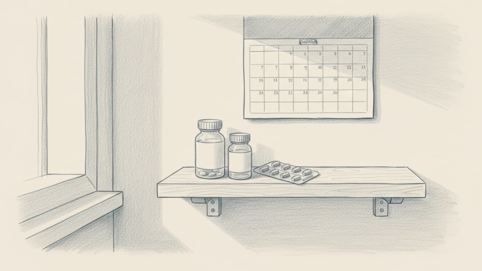 Two small tablet bottles and a blister pack on a bathroom shelf, a wall calendar with a thirty day span marked, soft window light