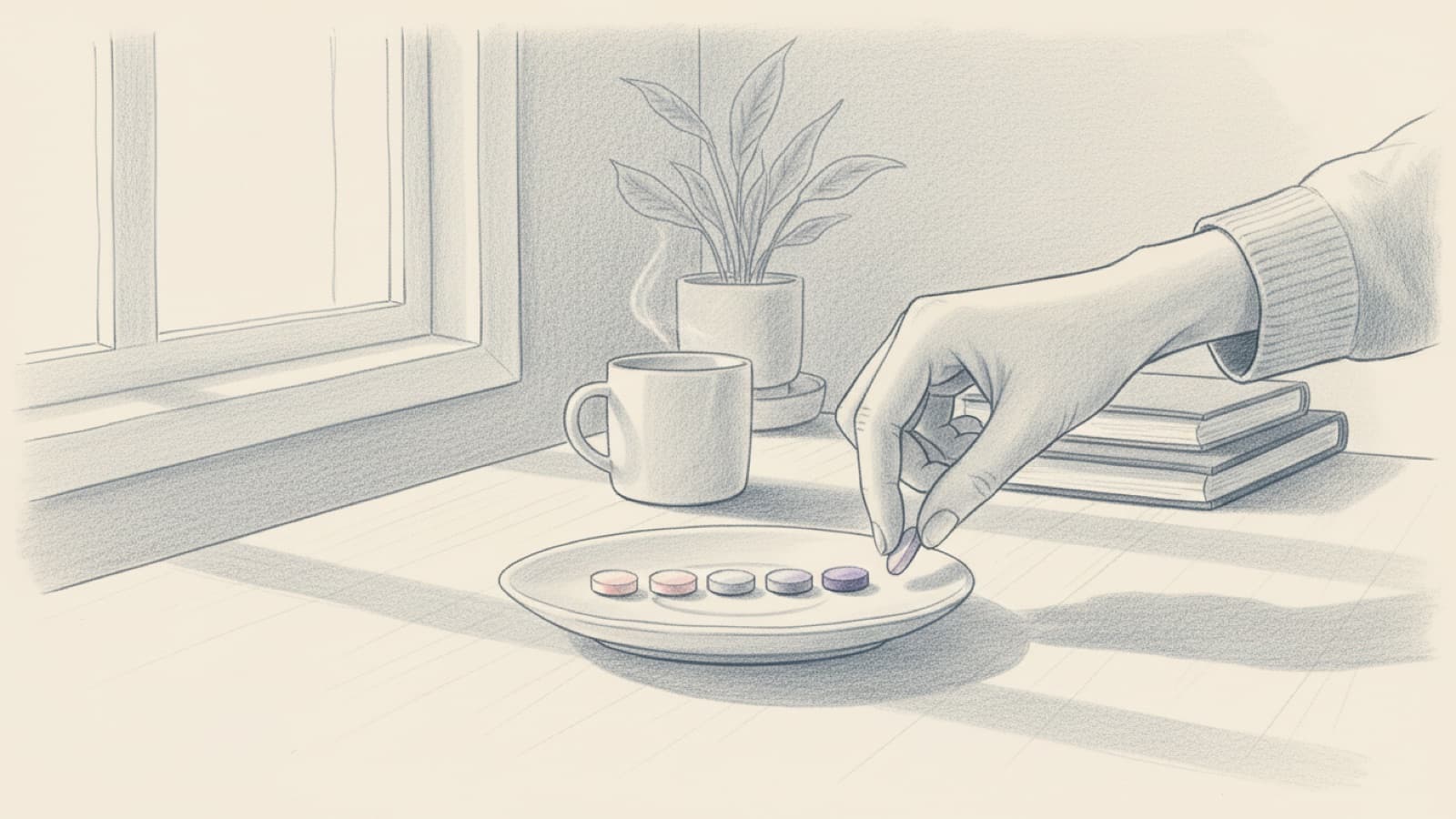 A row of six small round tablets on a white saucer, from pale pink to purple, a woman's hand reaching for the first one