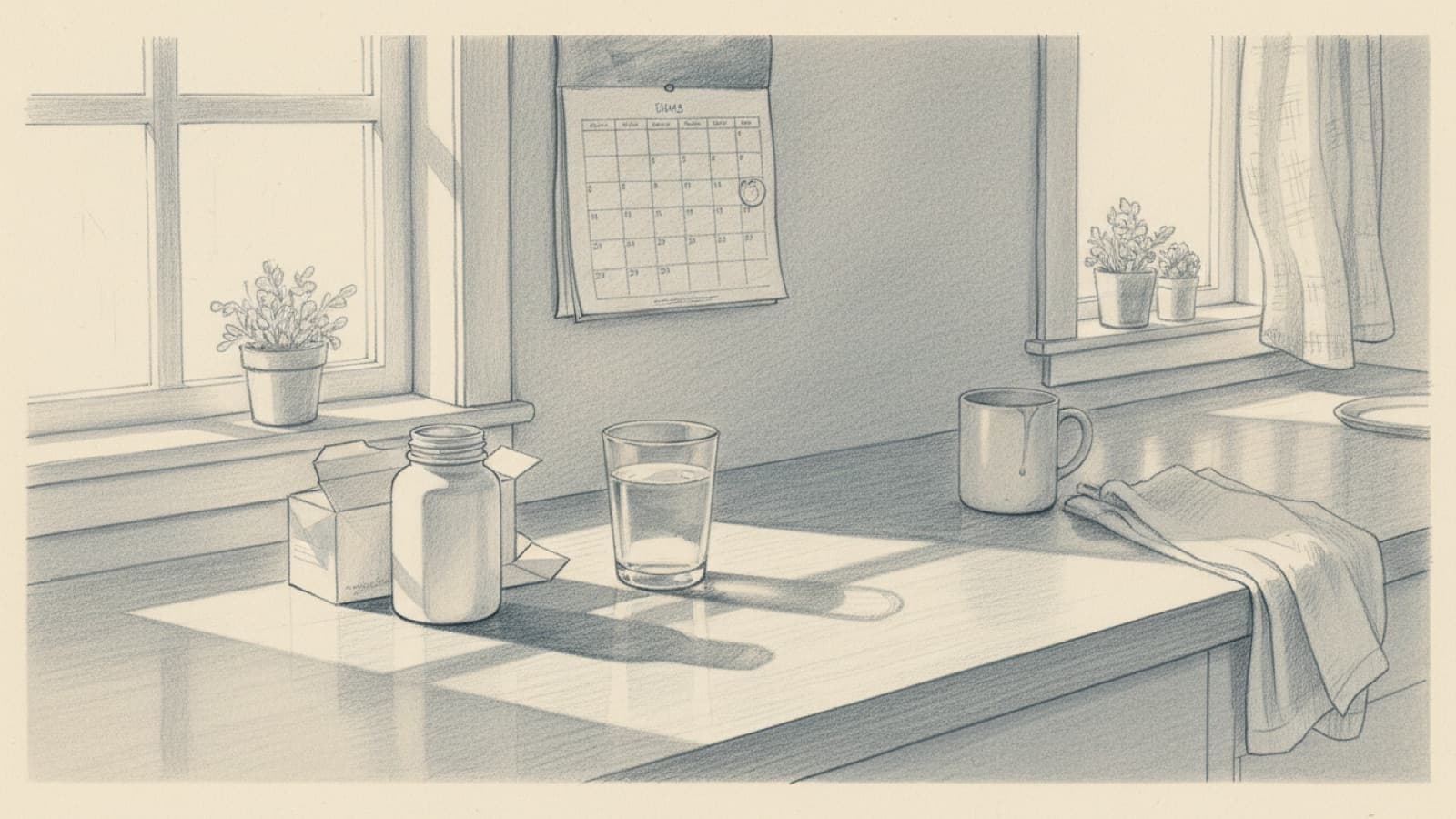 A new tablet bottle with its carton on a kitchen counter, a glass of water and a wall calendar with the first week circled, morning light