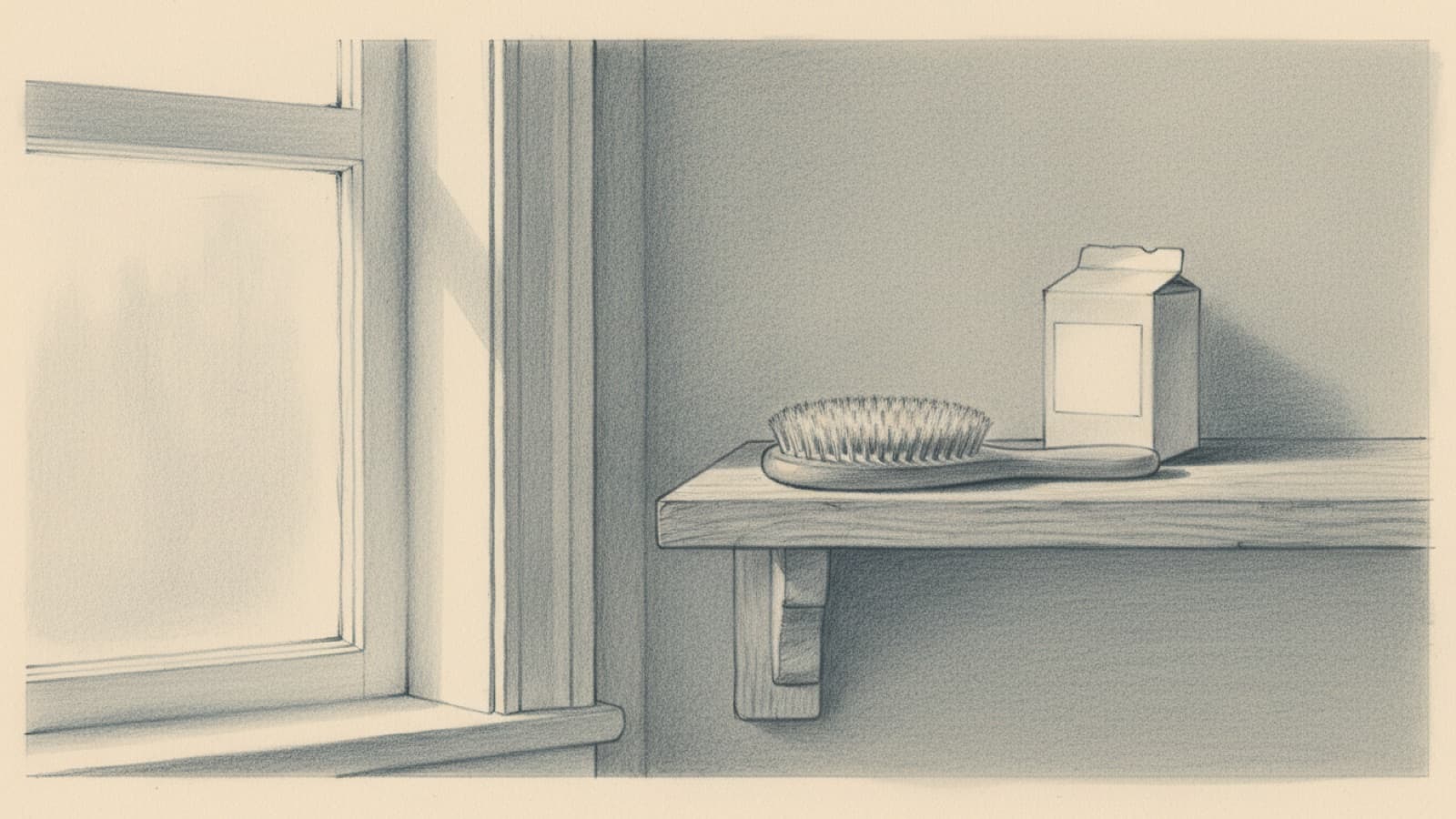 A hairbrush on a bathroom shelf next to a small tablet bottle in its carton, morning light through frosted glass