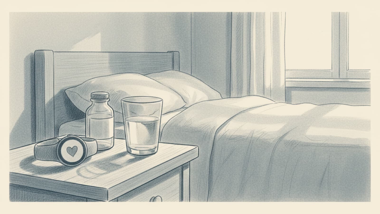 A smartwatch on a nightstand showing a heart icon, next to a small tablet bottle and a glass of water, morning light