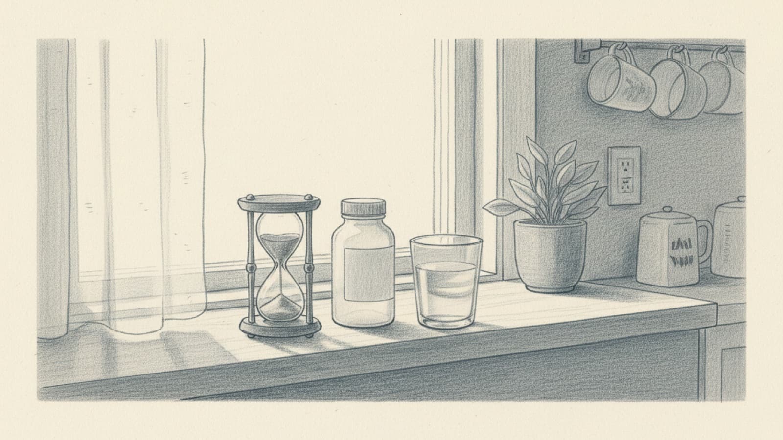 A small hourglass on a kitchen windowsill next to a tablet bottle and a glass of water, morning light