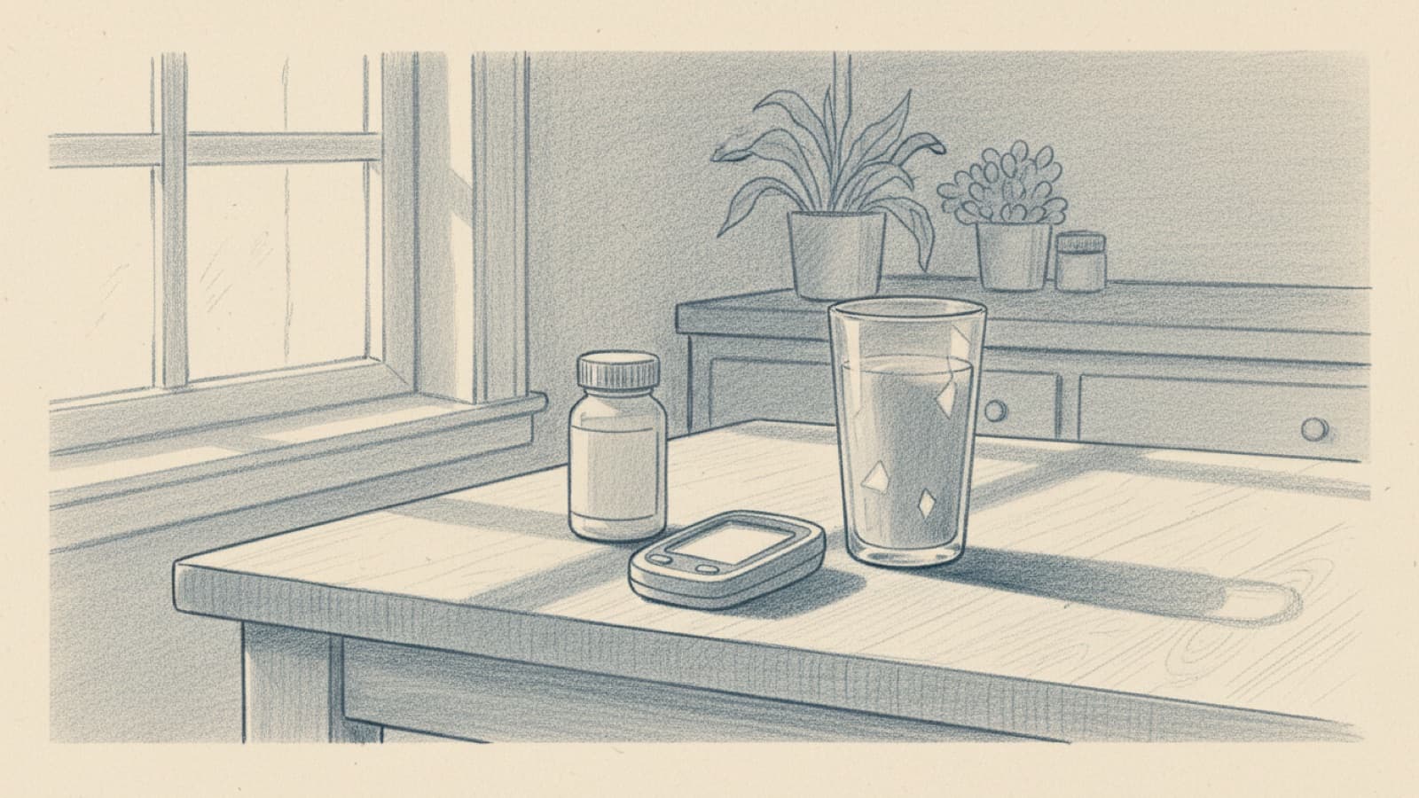 A glucose meter and a small tablet bottle on a kitchen table, a glass of orange juice beside them, morning light