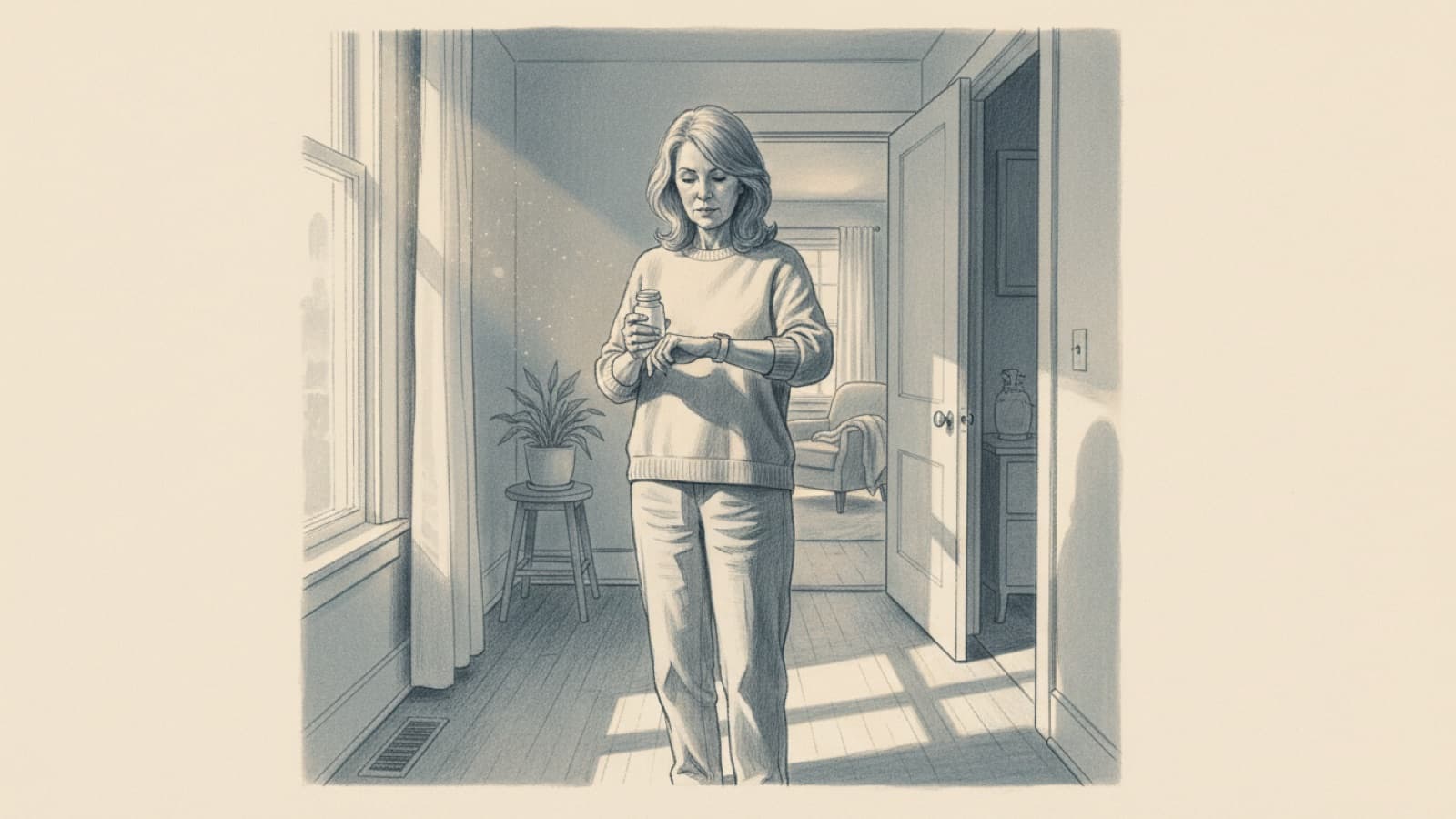 A woman in her fifties checking her watch in a hallway, a small tablet bottle in her other hand, late afternoon light