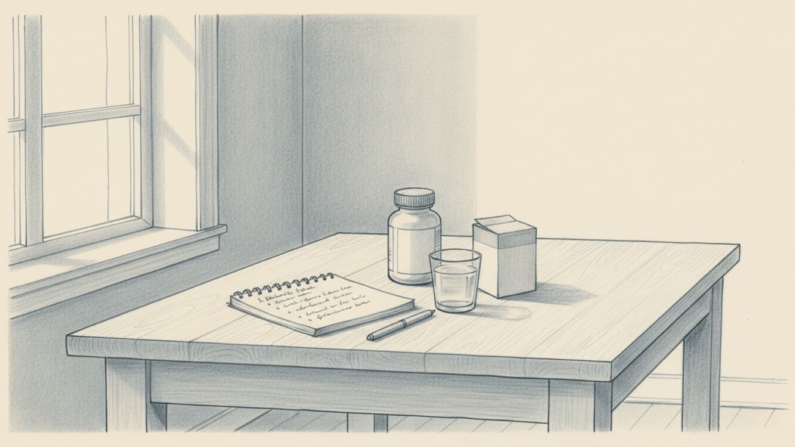 A kitchen table with a handwritten list on a notepad, a pen, a tablet bottle in its carton and a glass of water, morning light