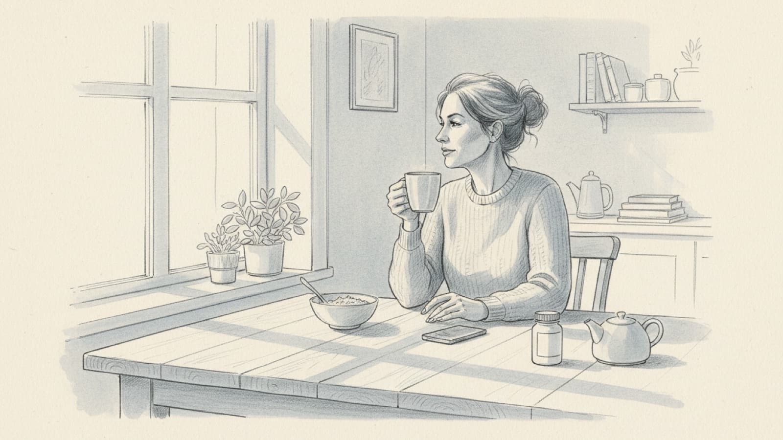 A woman in her thirties at a kitchen table with a cup of tea and a phone, a small tablet bottle set aside, morning light