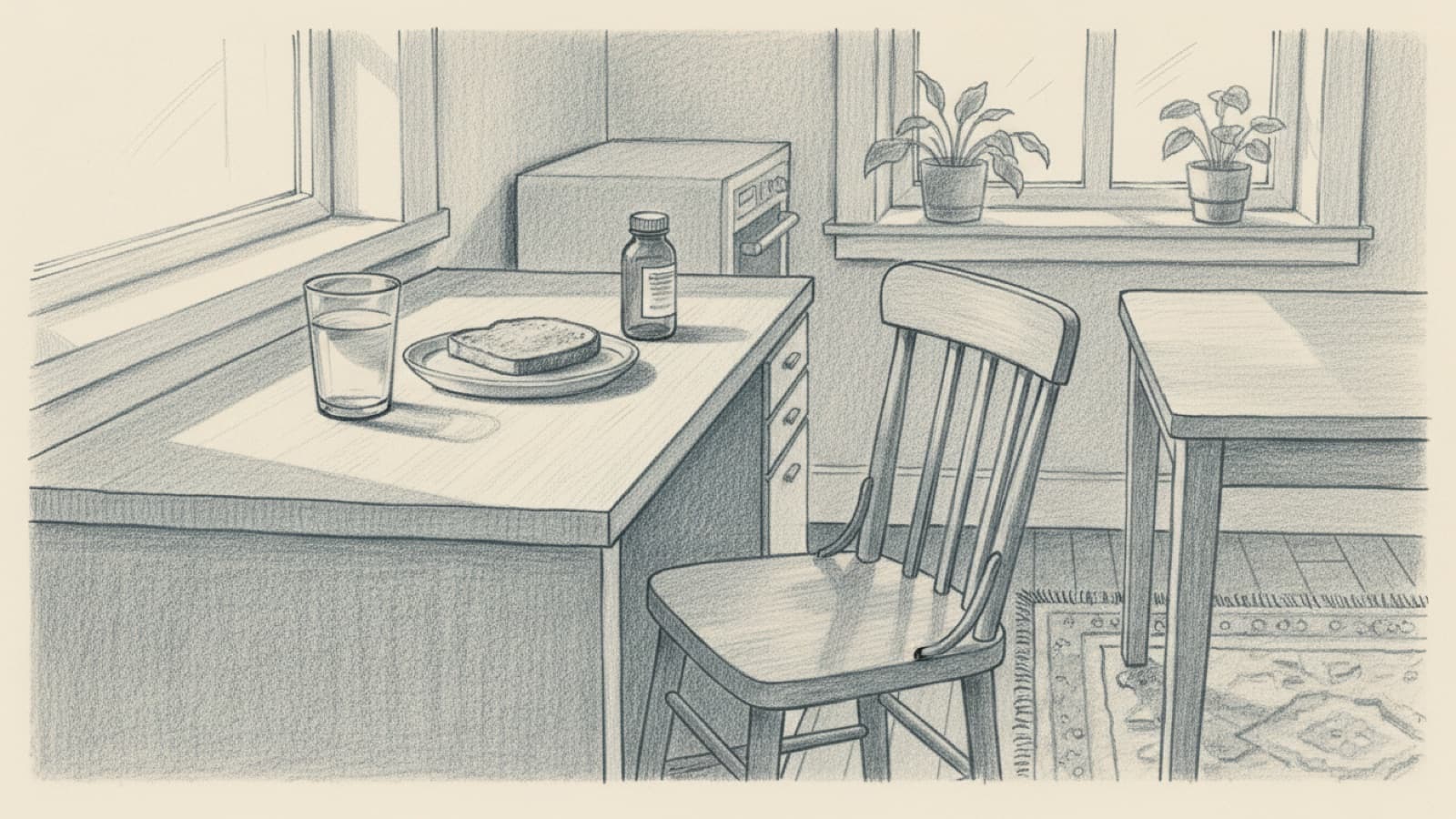 A kitchen counter in the morning with a glass of water, a plain piece of toast and a small tablet bottle, a chair pulled out