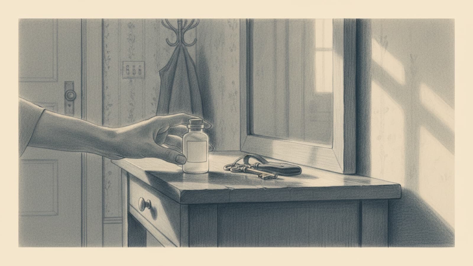 A small tablet bottle on a hallway table next to a set of keys, evening light, a woman's hand about to pick it up