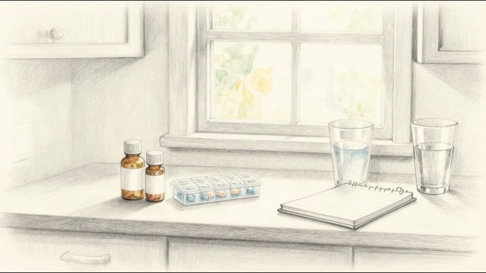 Two small medicine bottles and a weekly pill box on a kitchen counter beside a glass of water and a notepad, morning light