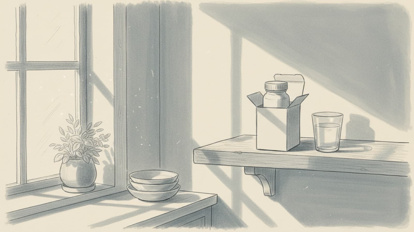 A tablet bottle standing inside its open carton on a kitchen shelf in the shade, away from a sunlit window, a glass of water nearby