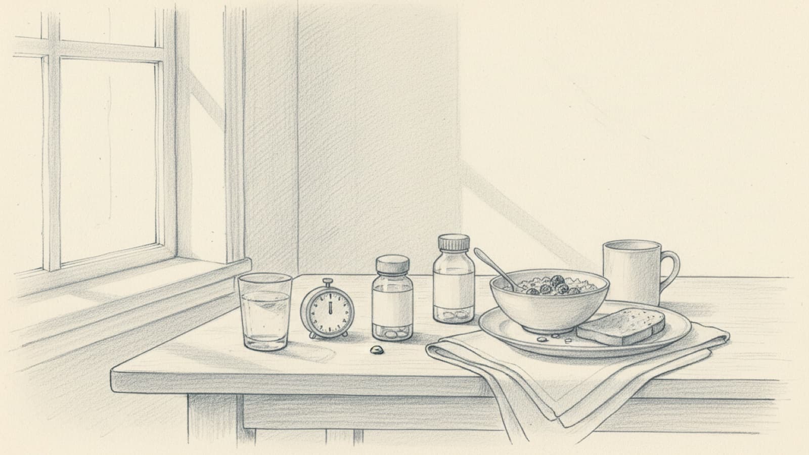 Two small tablet bottles on a breakfast table, one beside a kitchen timer and a glass of water, the other beside a plate of food, morning light