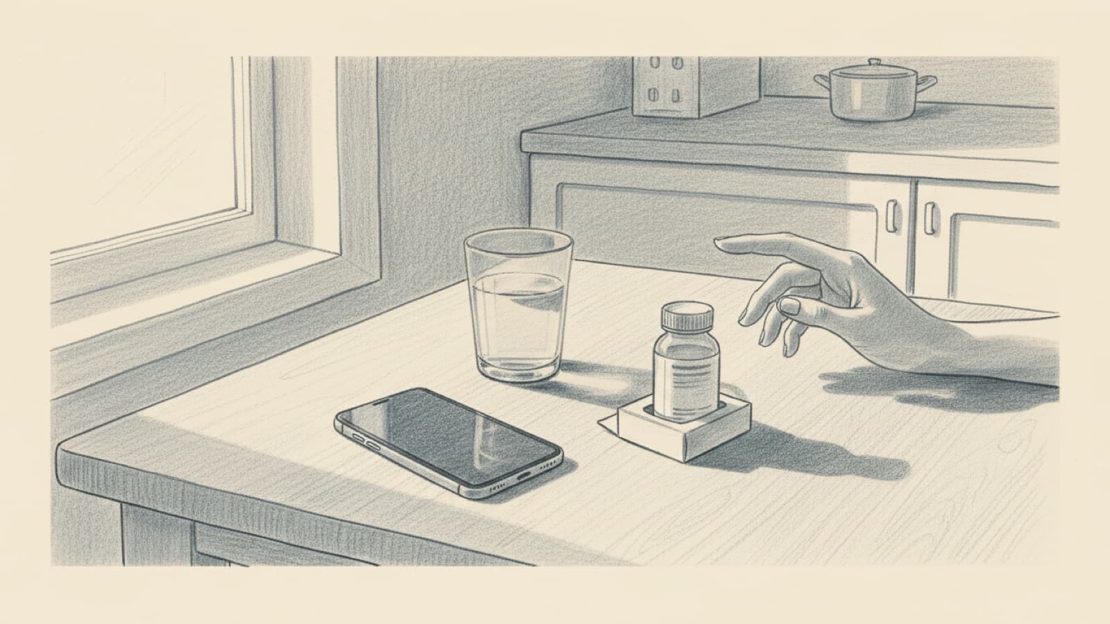 A phone on a kitchen table beside a glass of water and a small tablet bottle in its carton, a woman's hand reaching for the phone, quiet light