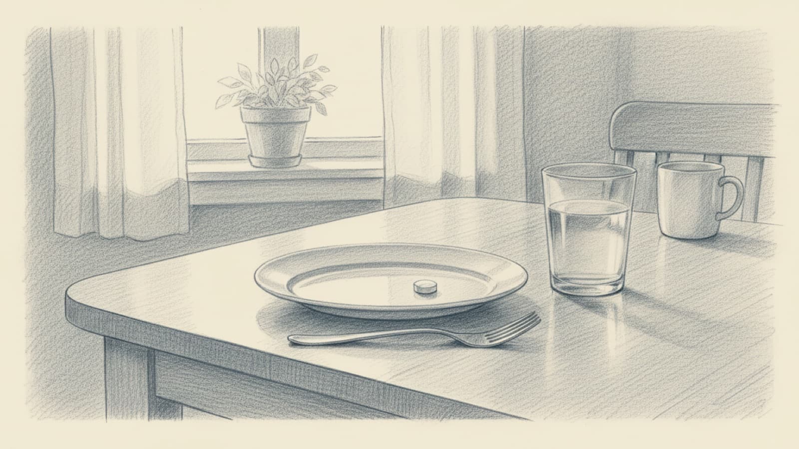 A lunch plate on a kitchen table with a fork, a glass of water and a single small tablet on the rim of the plate, daylight