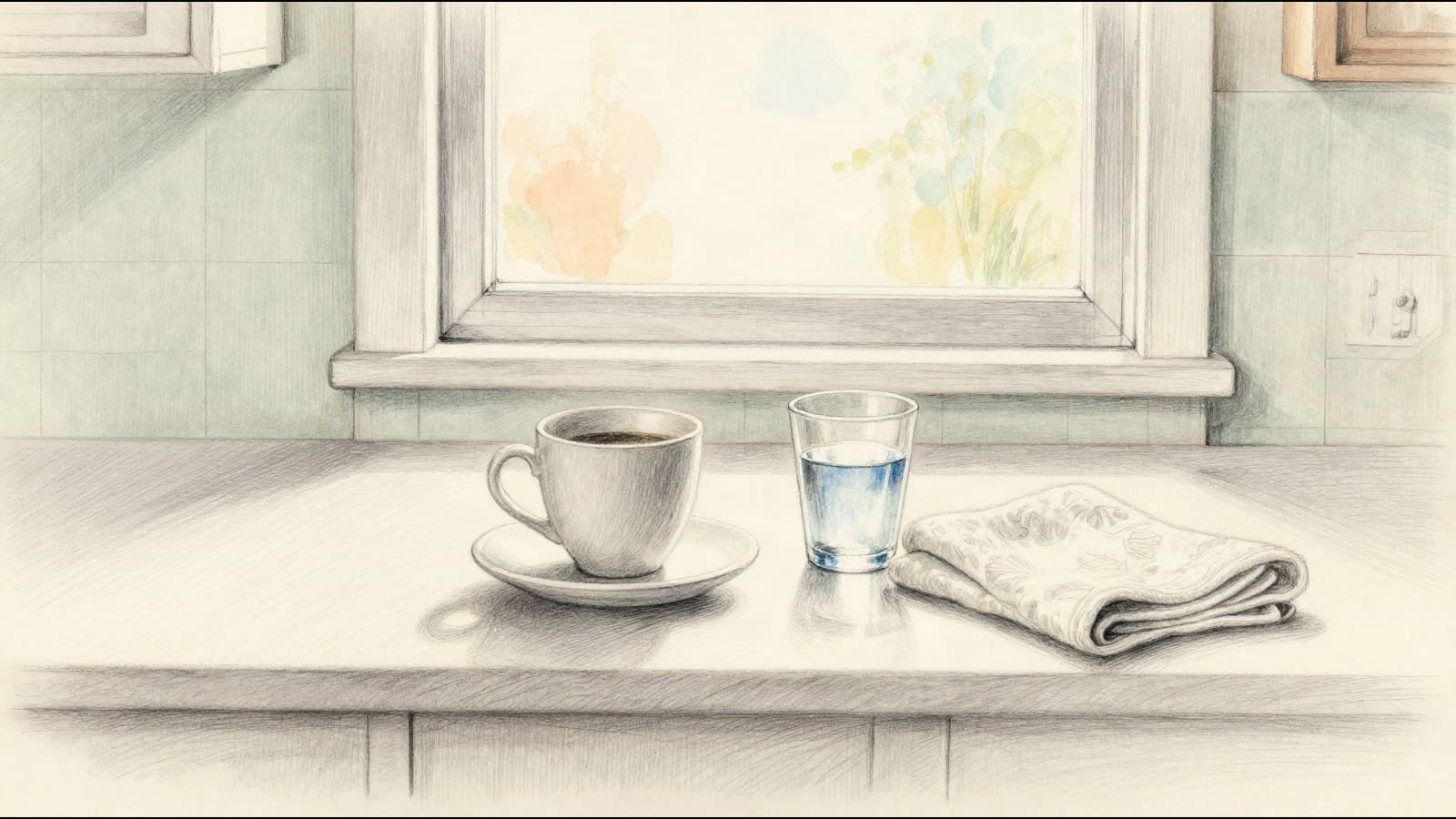 An empty coffee cup and a small glass of water side by side on a kitchen countertop in soft morning light, a folded linen towel beside them