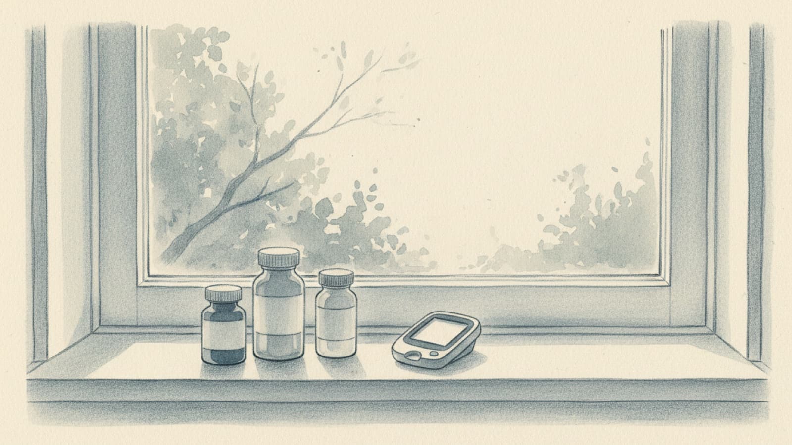 Three small tablet bottles on a kitchen windowsill, a glucose meter beside them, morning light