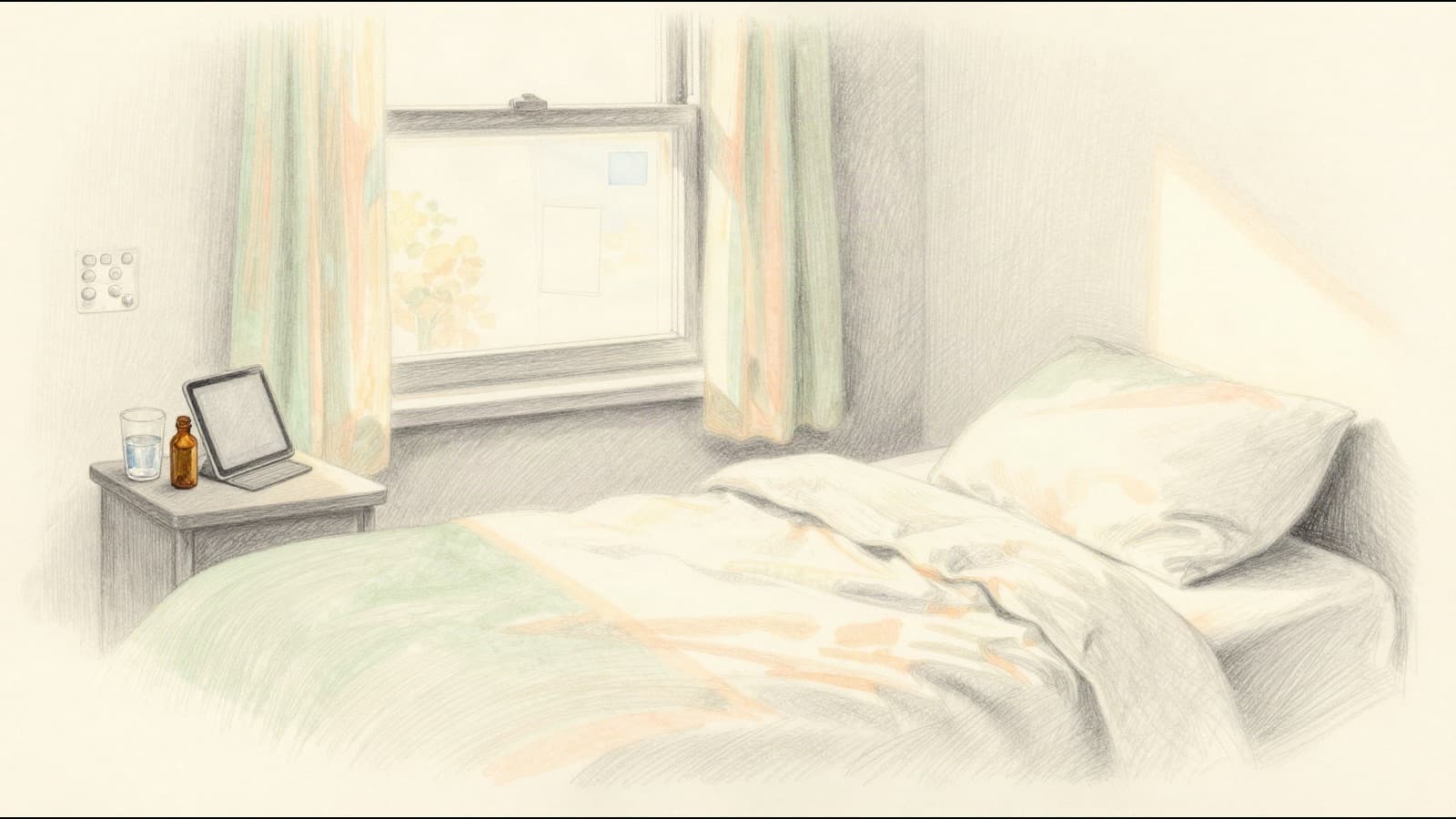 A small amber tablet bottle and a glass of water on a bedside table by a window with light curtains, late morning sun on the sheets, an unmade bed in the corner