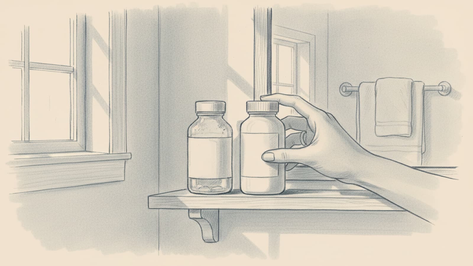 Two tablet bottles side by side on a bathroom shelf, one older than the other