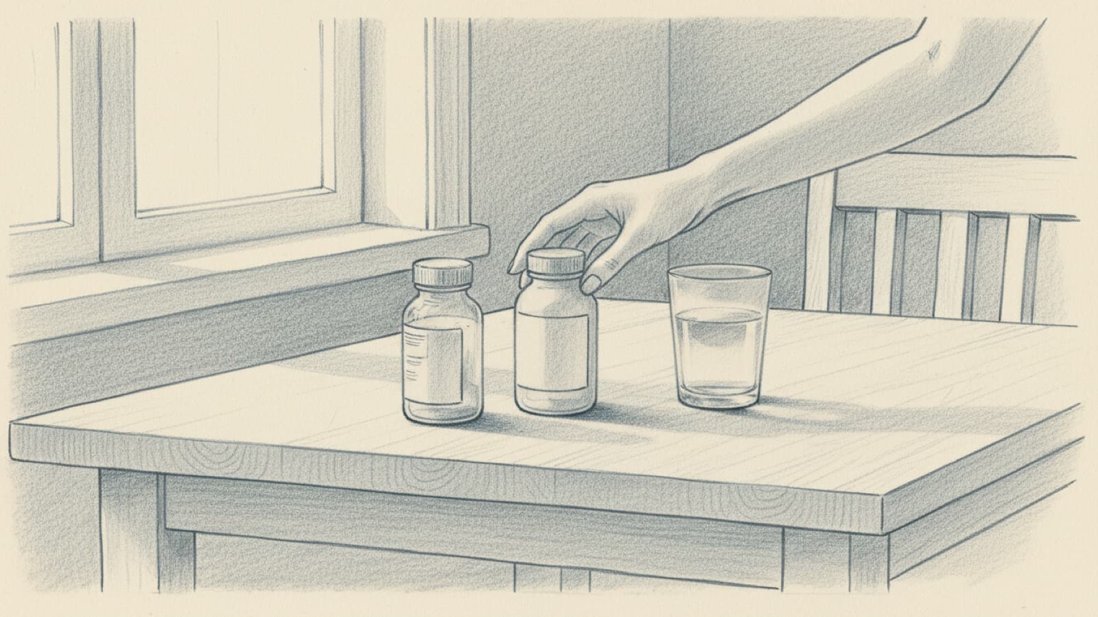 Two small tablet bottles on a kitchen table, one older, a woman's hand moving the newer one to the front, a glass of water beside them