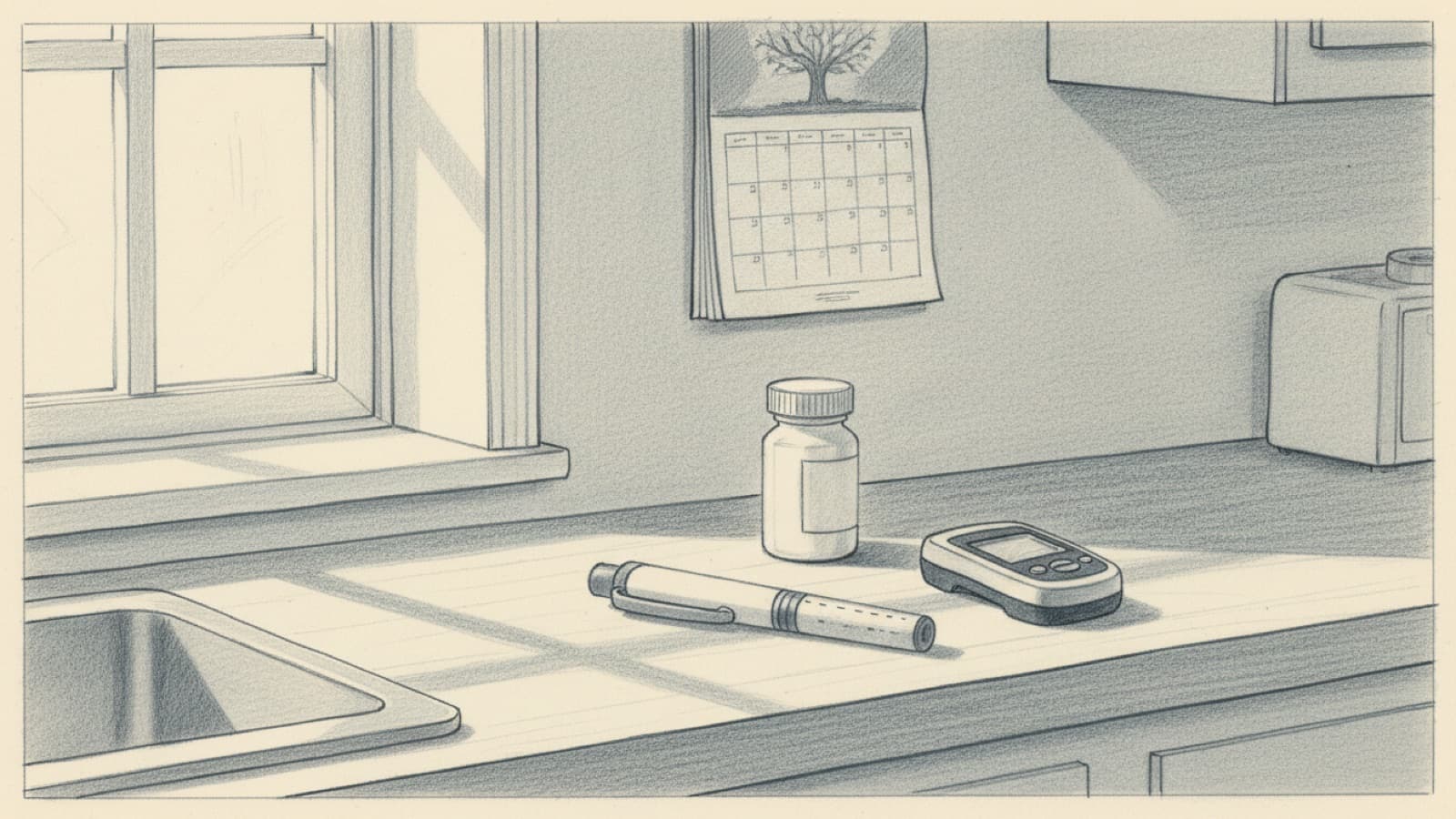 An injection pen and a small tablet bottle on a kitchen counter with a glucose meter, a calendar behind them, morning light