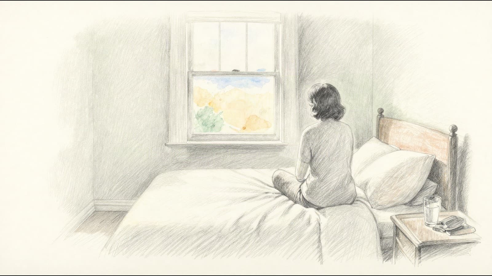 A woman in her fifties seen from behind, sitting on the edge of her bed in the morning, a glass of water on the bedside table beside a folded cardigan
