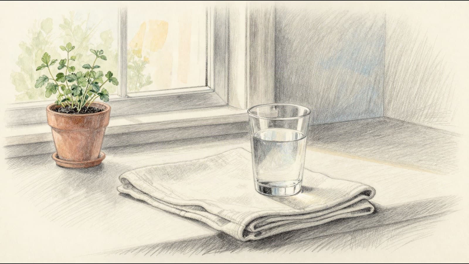 A folded linen napkin and a glass of water on a kitchen countertop in soft morning light, a small potted herb by the window