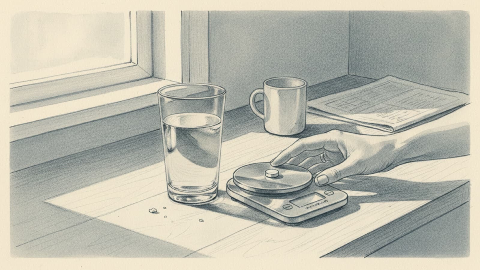 A single small tablet on a kitchen scale pan next to a glass of water, morning light, a woman's hand steadying the glass