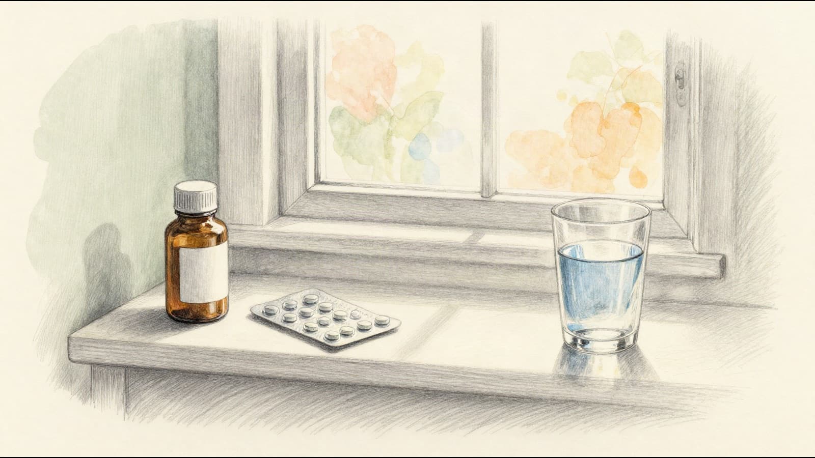 A blister pack of small daily pills and a tablet bottle on a bathroom shelf next to a glass of water, soft window light