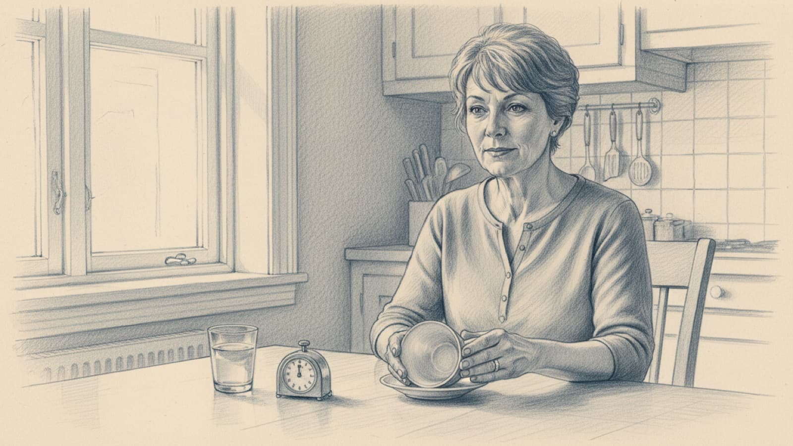 A breakfast table in the morning light, a coffee cup still empty next to a small glass of water and a kitchen timer