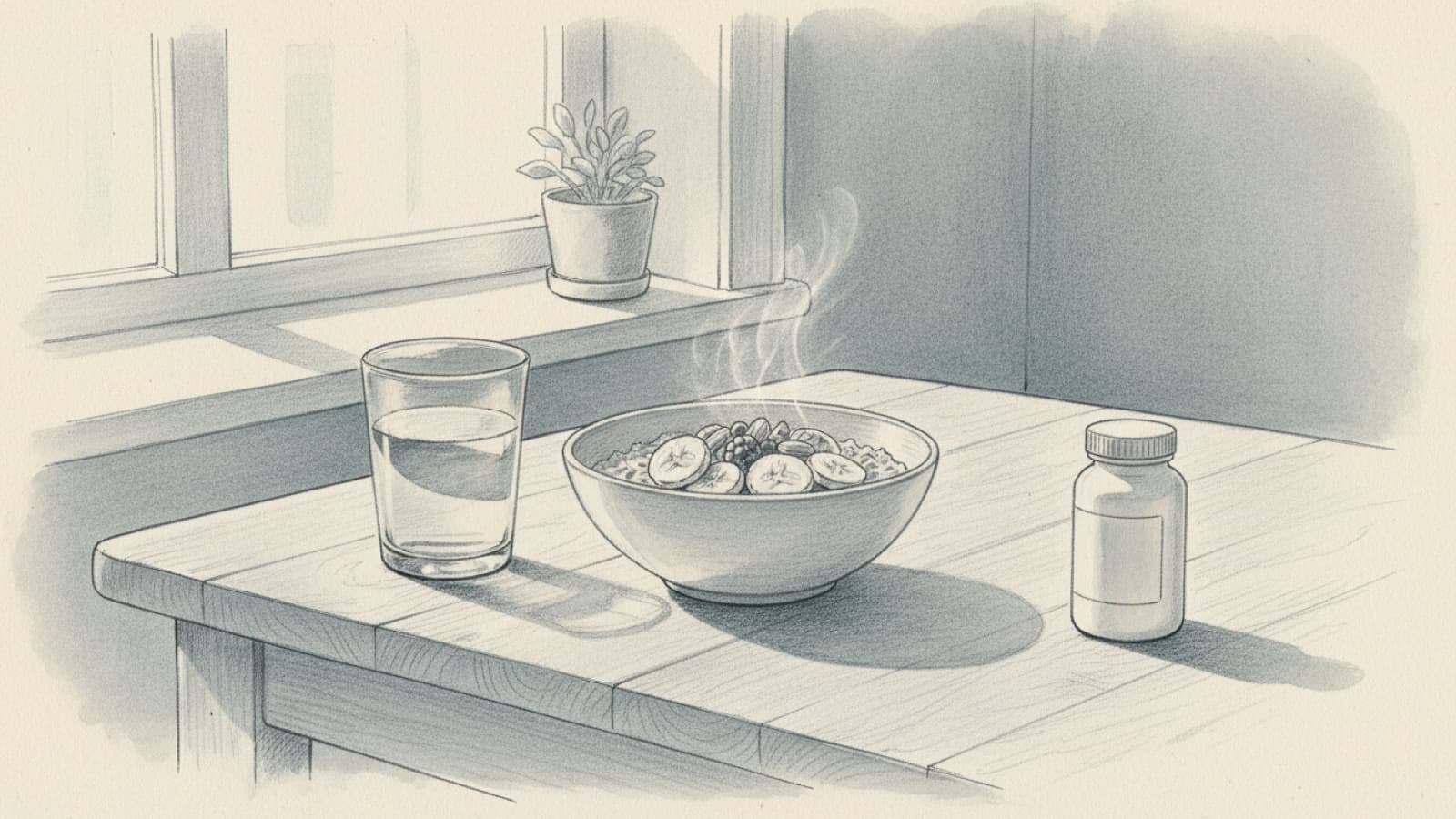 A glass of water and a bowl of oatmeal with fruit on a kitchen table, a small tablet bottle to one side, morning light