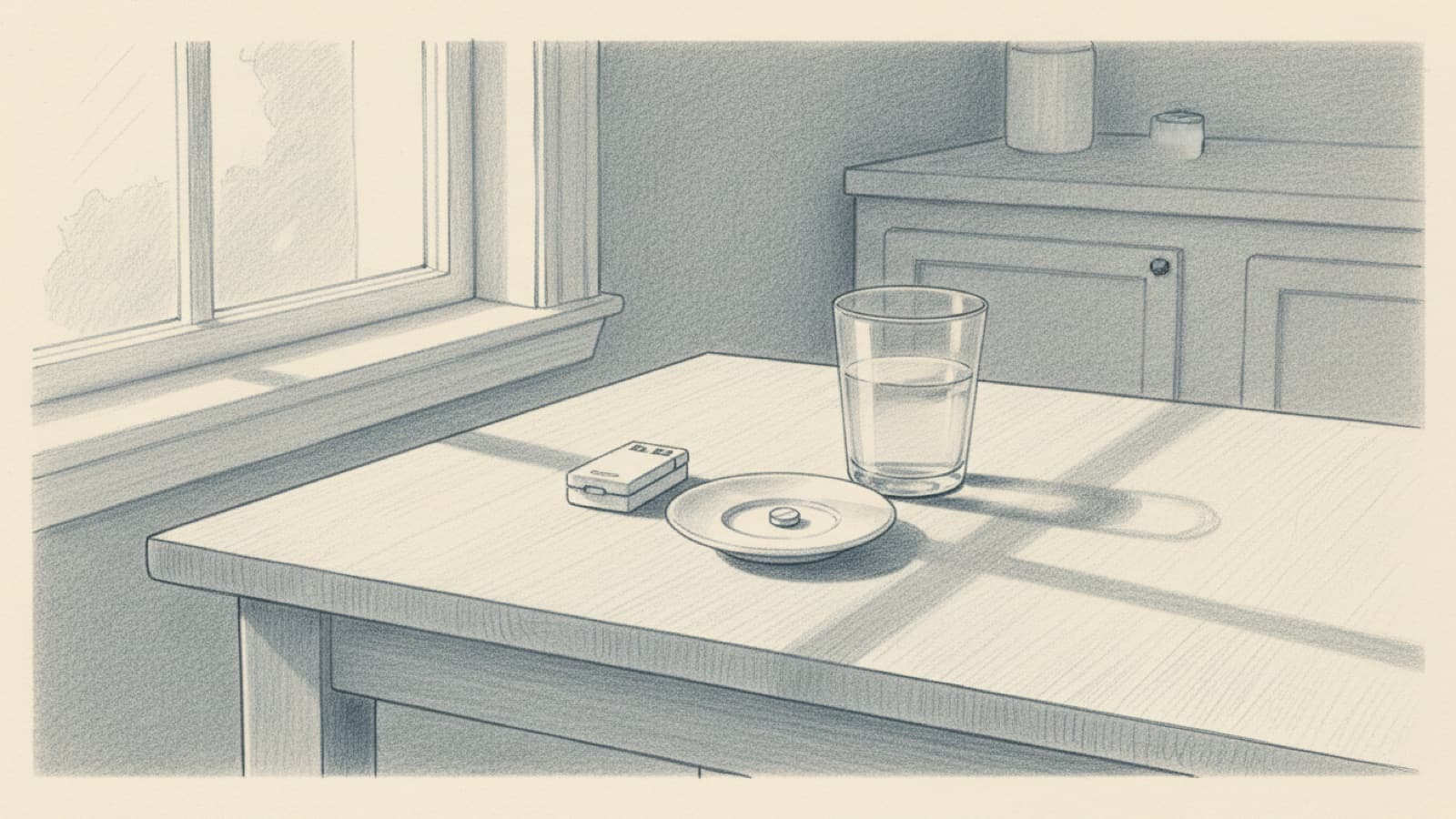 A single small tablet on a white saucer next to a pill cutter left closed, a glass of water beside them, morning light
