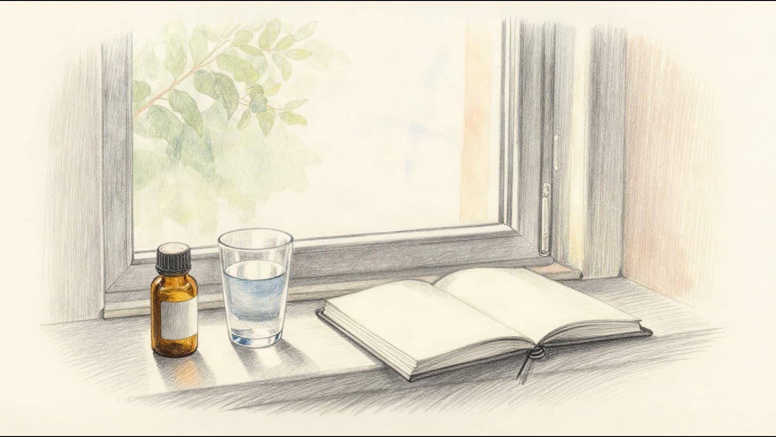 A small amber tablet bottle beside a glass of water and a closed notebook on a sunny windowsill, soft morning light, leaves outside the window