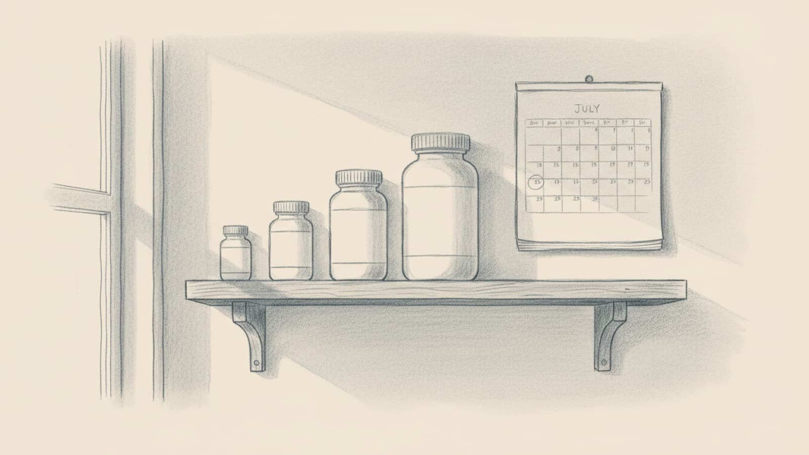 Four small tablet bottles lined up on a kitchen shelf from smallest to largest, a wall calendar with a month marked beside them
