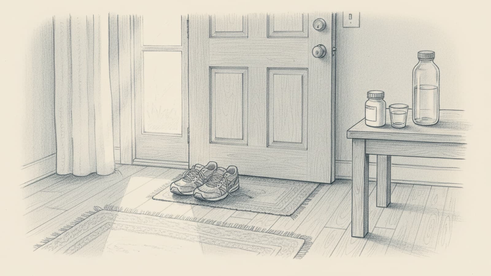 Running shoes by a front door at dawn, a small tablet bottle and a shot glass of water on the hall table, a full water bottle waiting beside them