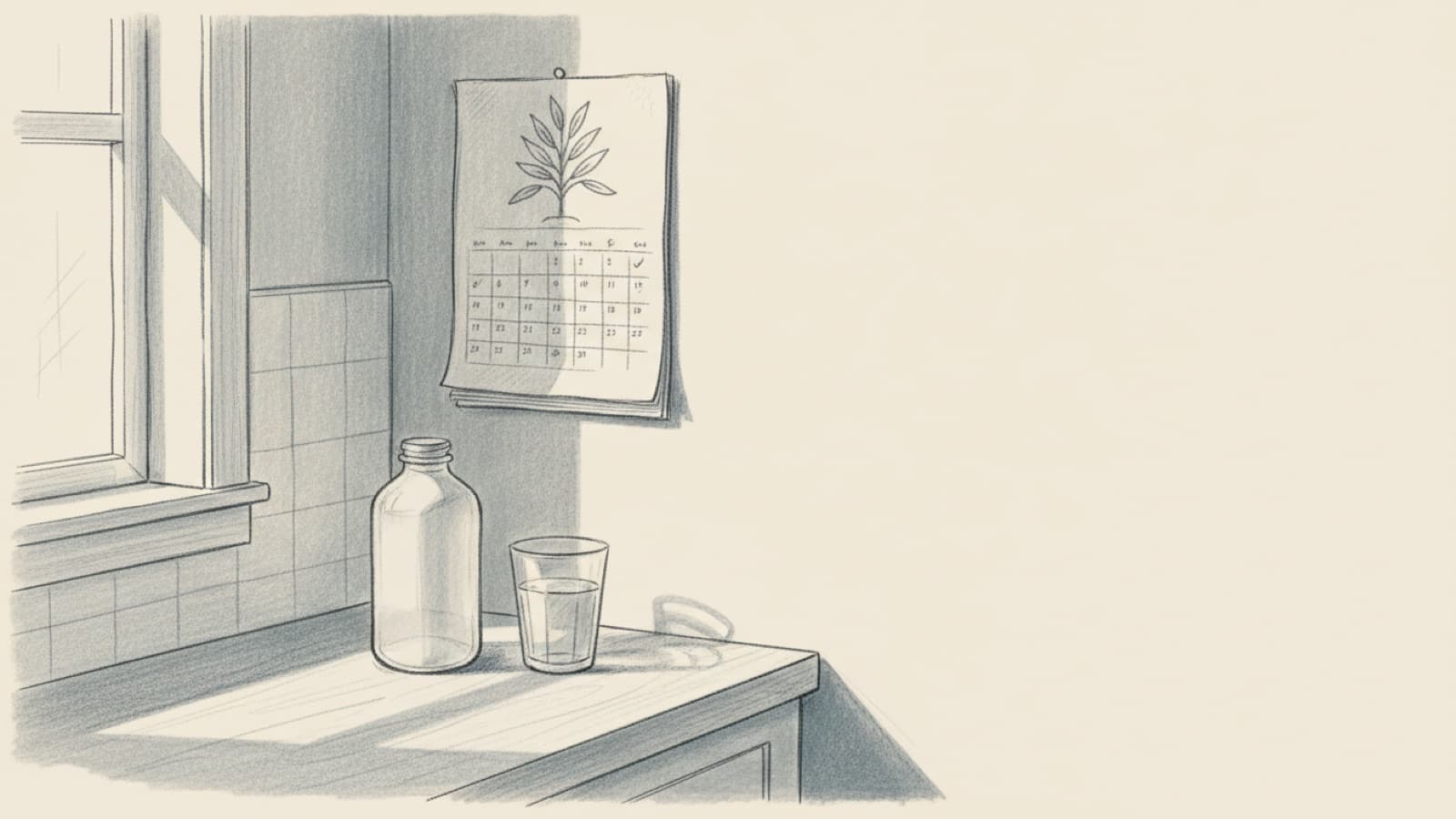 A kitchen calendar with small ticks on every other day, a tablet bottle and a glass of water on the counter below it