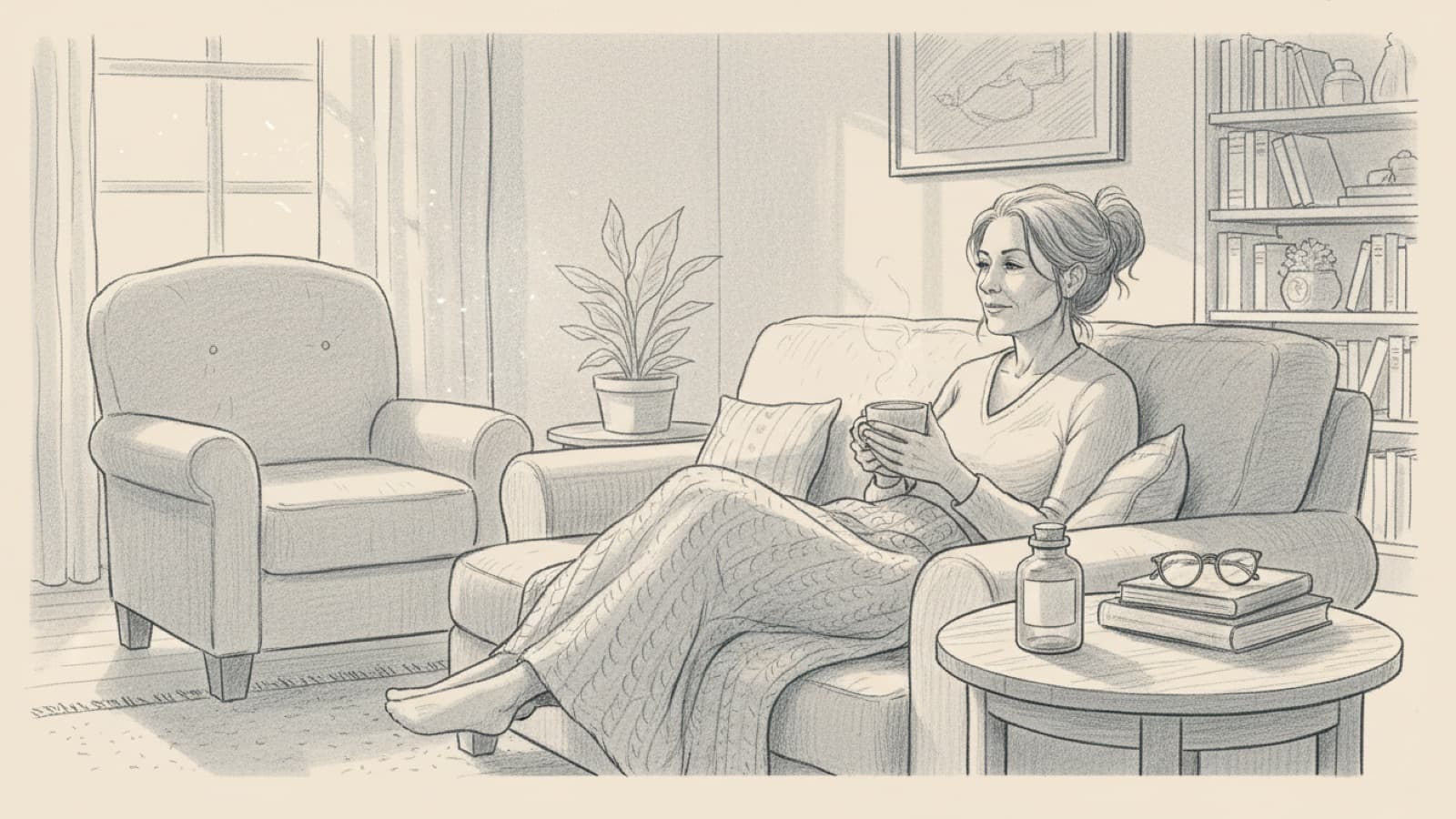 A woman in her fifties resting on a sofa in the afternoon with a blanket and a cup of tea, a small tablet bottle on the side table, soft light