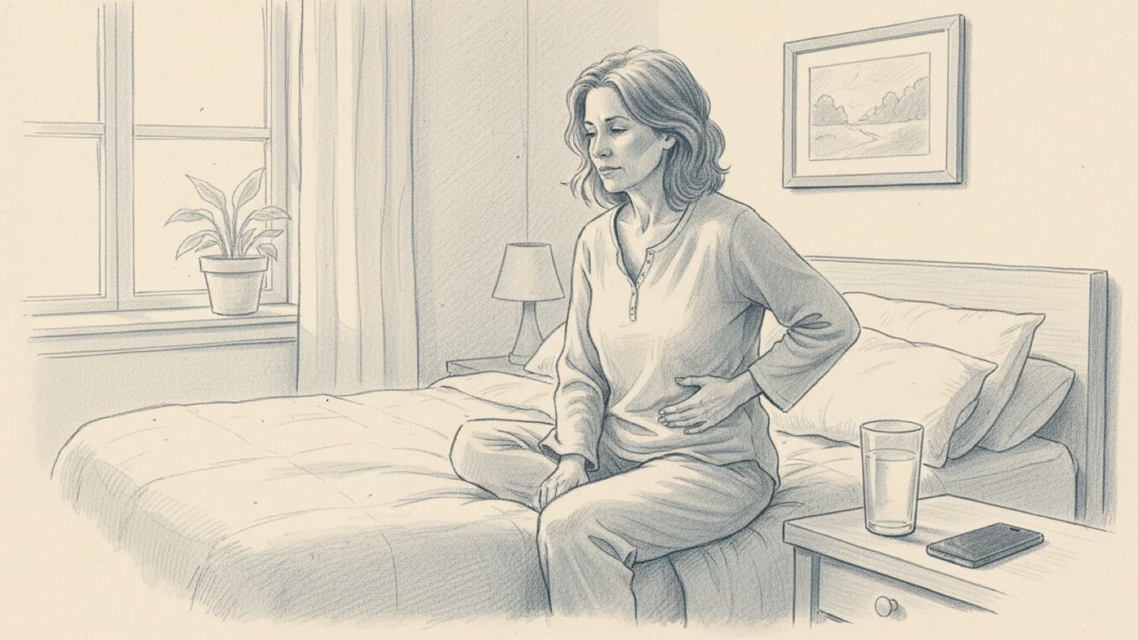 A woman in her fifties sitting at the edge of a bed with one hand on her upper right side, a glass of water and a phone on the nightstand