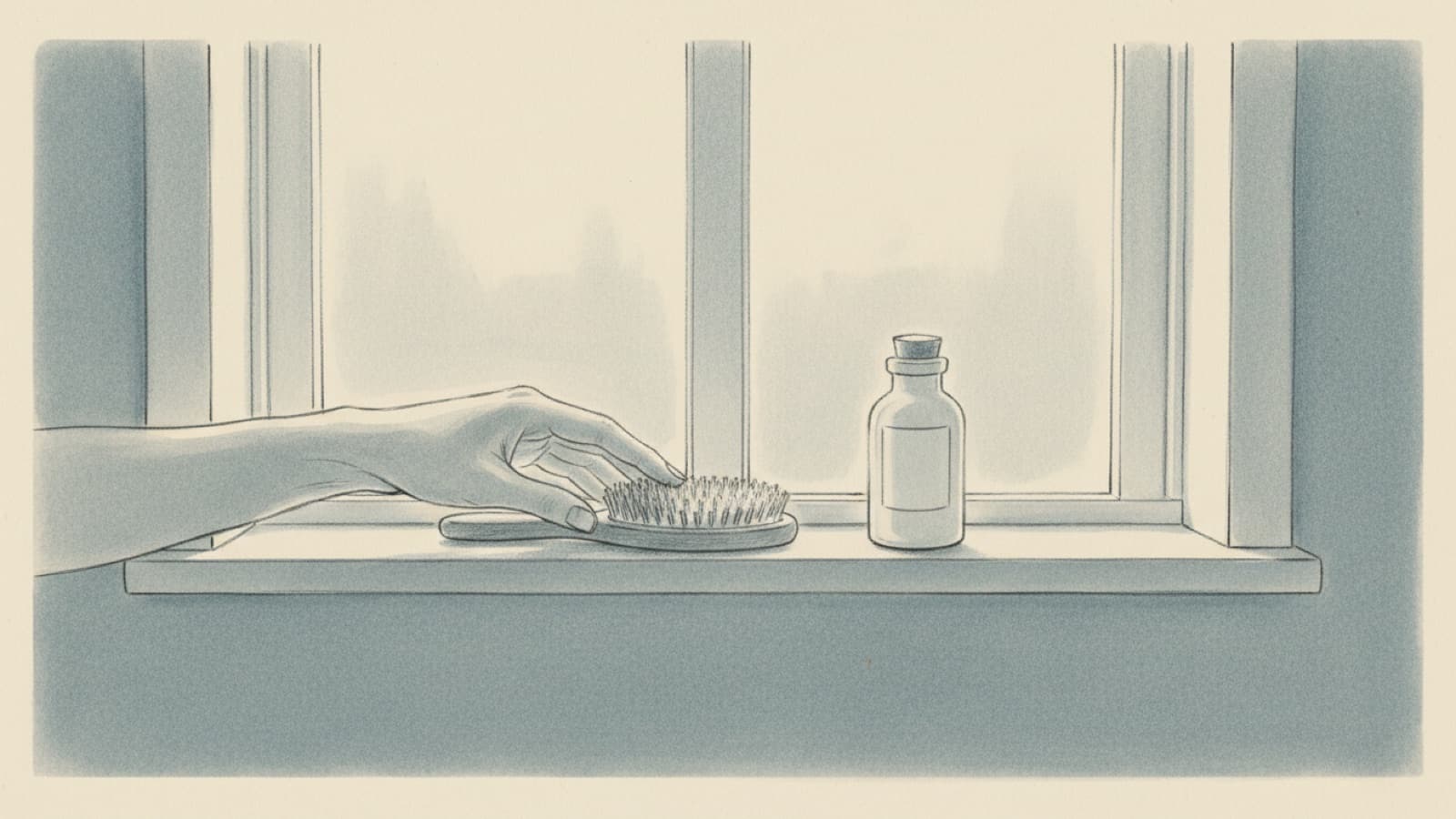 A hairbrush and a small tablet bottle on a bathroom shelf, morning light through a frosted window, a woman's hand reaching for the brush