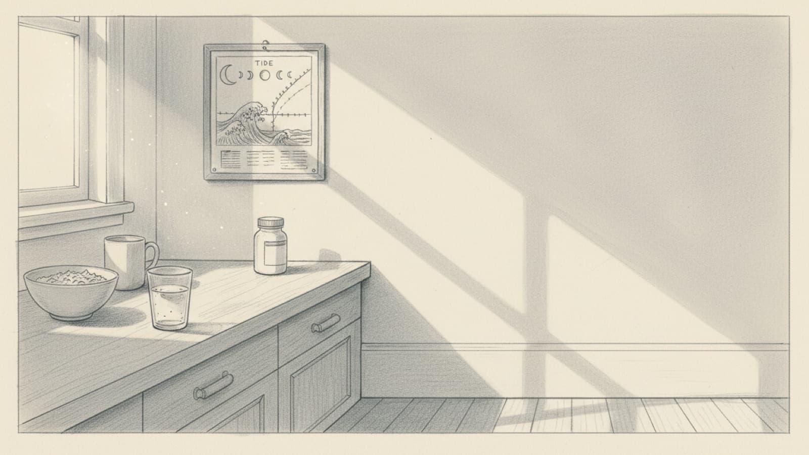 A tide chart pinned above a kitchen counter, a small tablet bottle and a glass of water beneath it, morning light