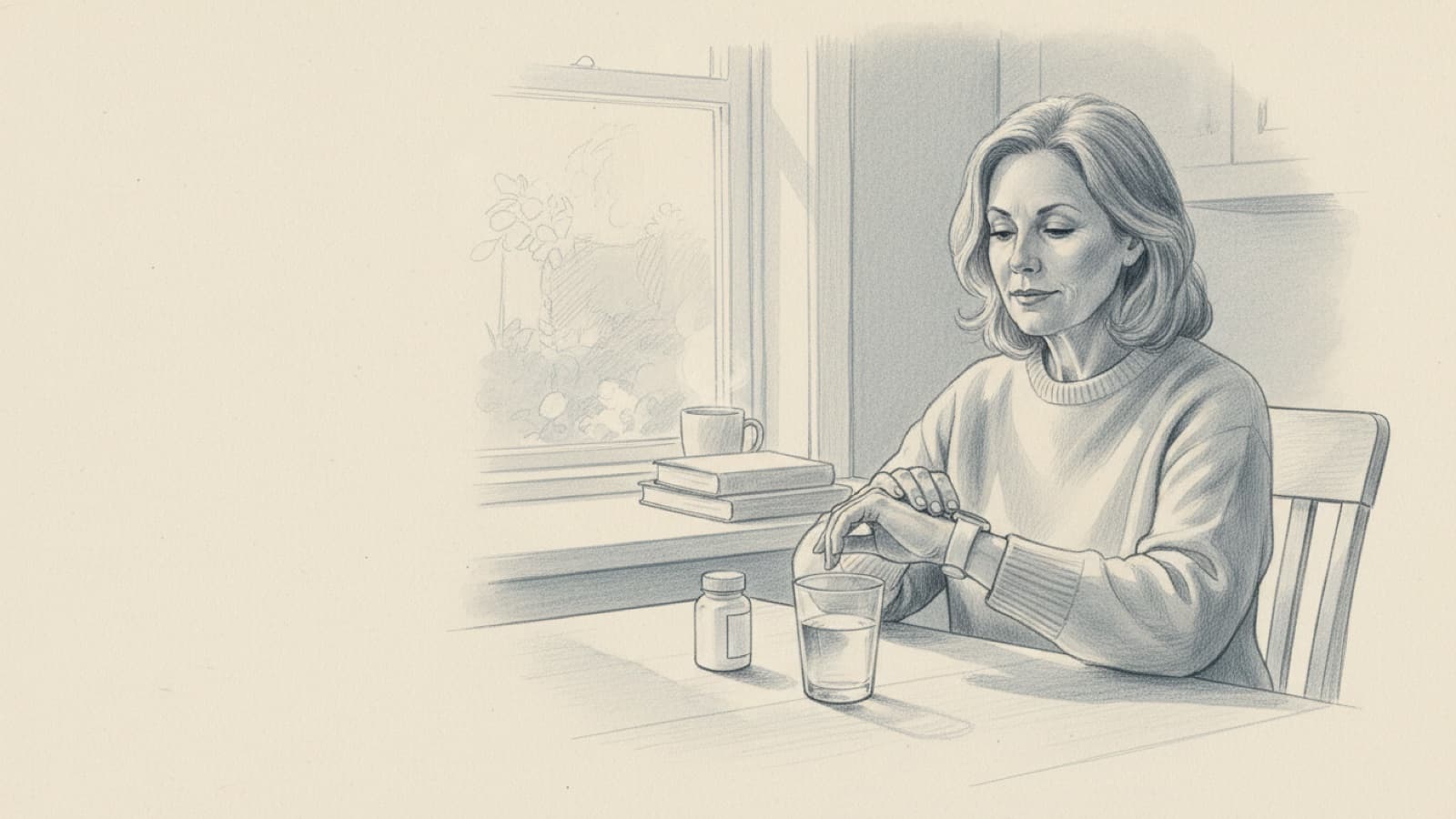 A woman in her fifties checking the pulse reading on her watch at a kitchen table, a small tablet bottle and a glass of water beside her