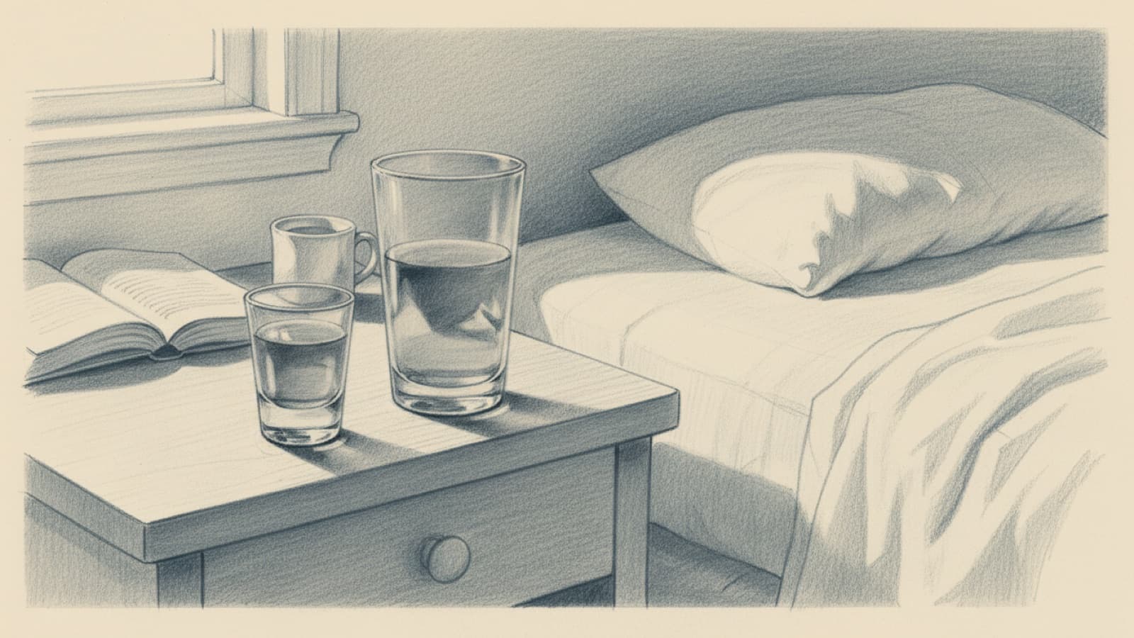 A shot glass and a regular drinking glass side by side on a nightstand, the small one full, the tall one a third full, early light