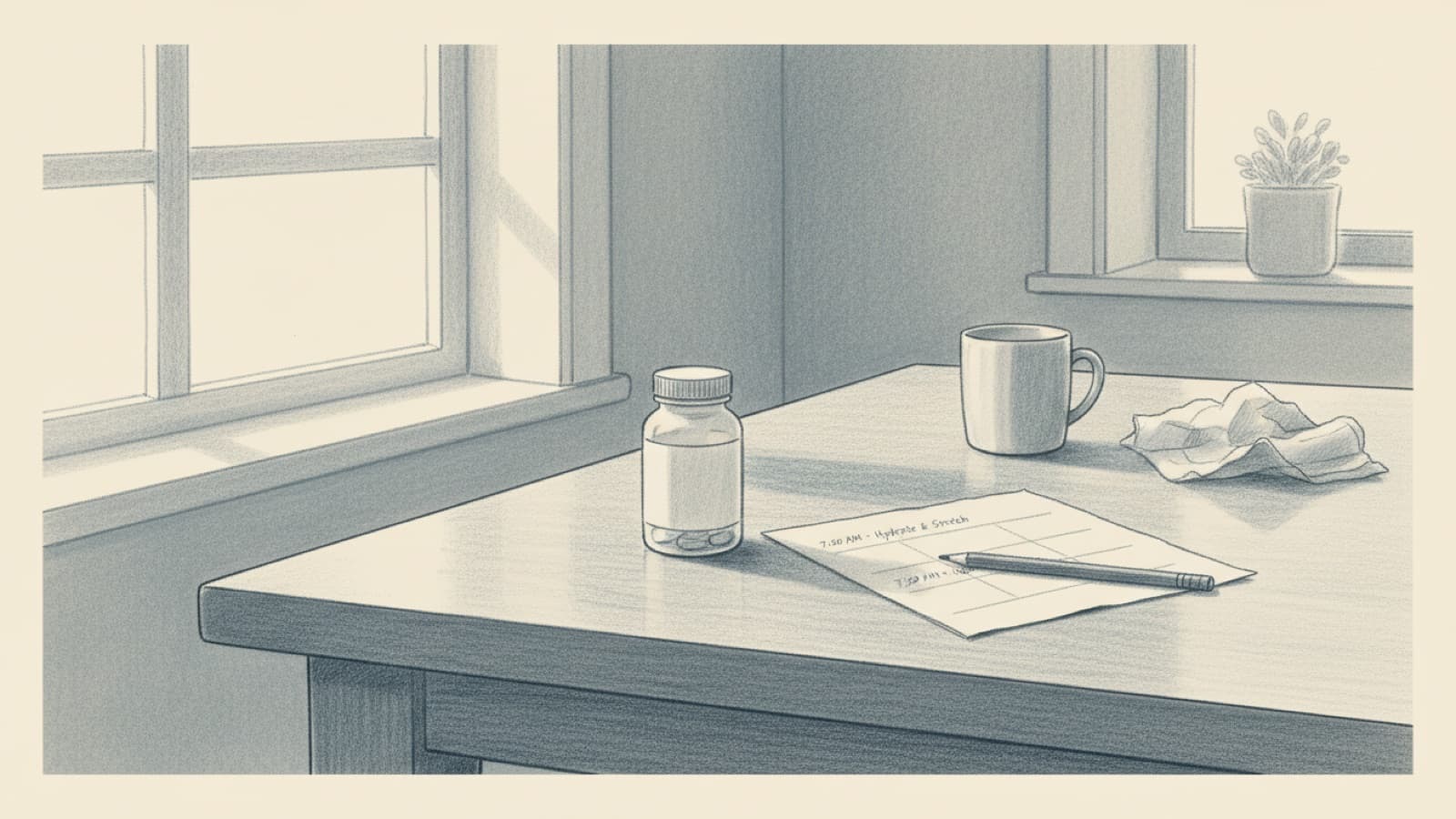 A small tablet bottle and a printed schedule on a kitchen table, the schedule ending after two rows, a pen resting on it