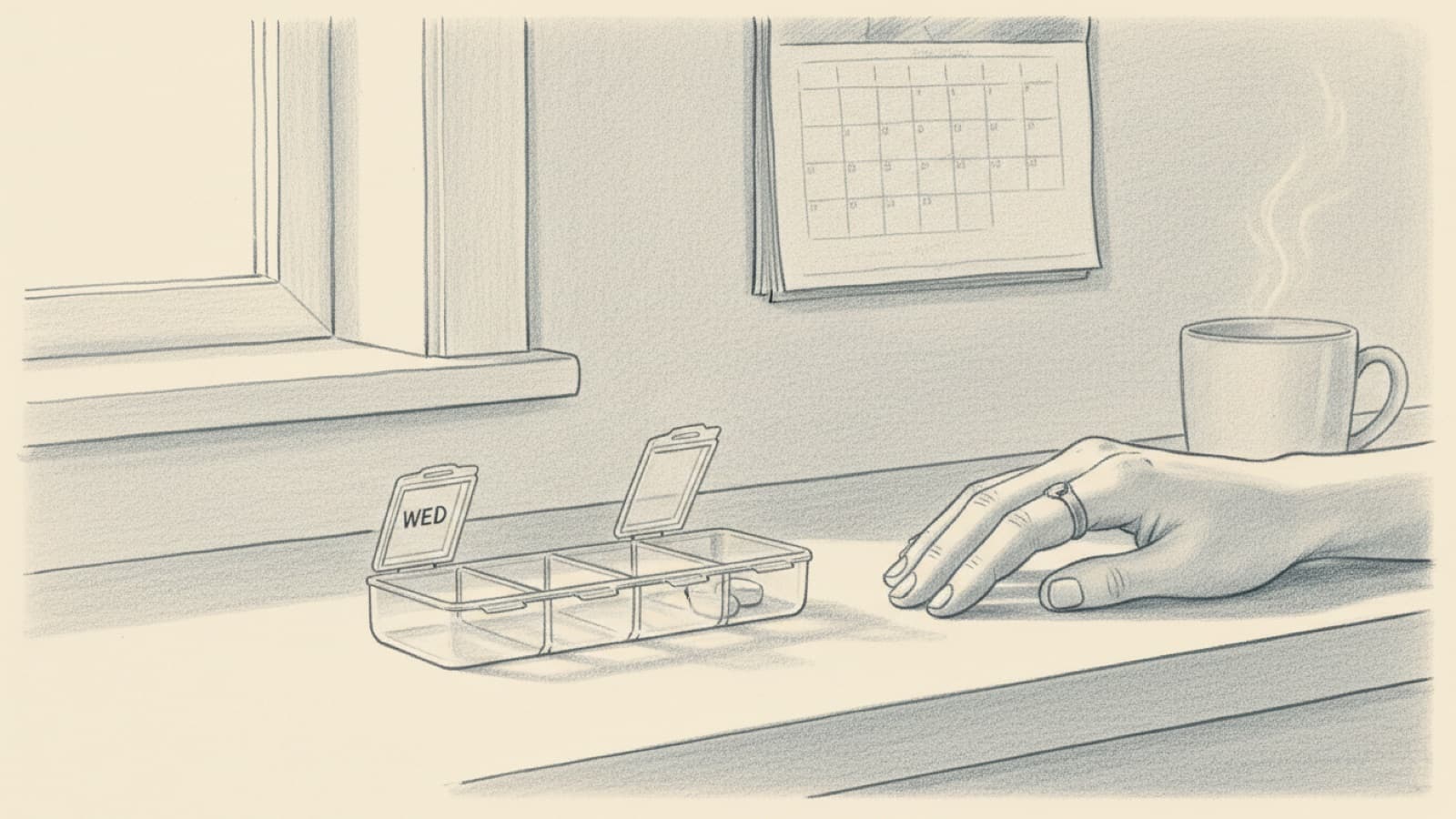 A weekly pill organizer with one empty compartment, on a kitchen counter in the morning
