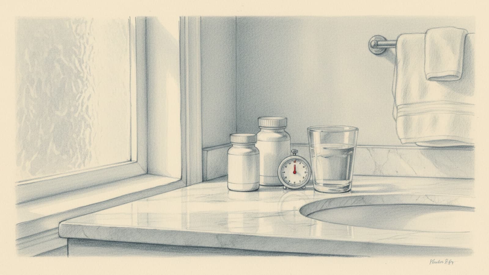 Two small tablet bottles and a glass of water on a bathroom counter, a kitchen timer beside them, morning light through frosted glass