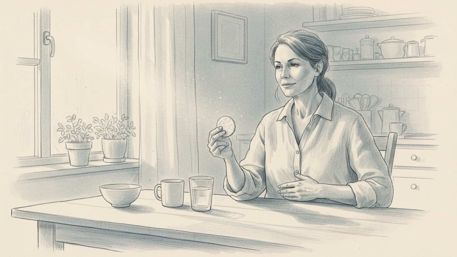 A woman in her fifties sitting at a kitchen table with a glass of water and a plain cracker, one hand on her stomach, quiet morning