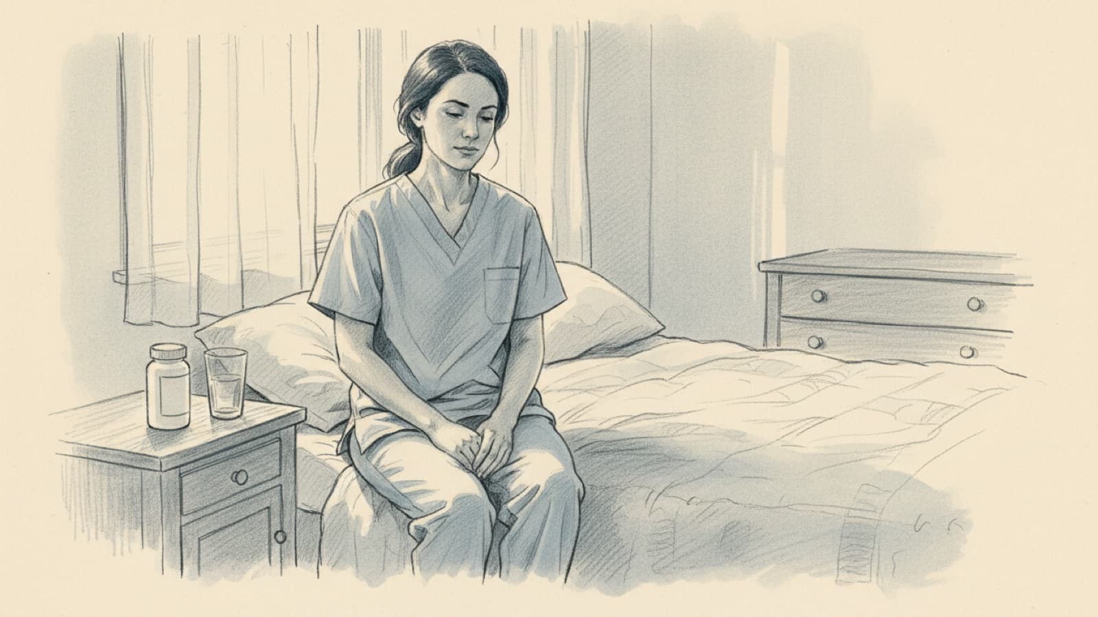 A woman in scrubs sitting on the edge of a bed at midday, curtains drawn, a small glass of water and a tablet bottle on the nightstand