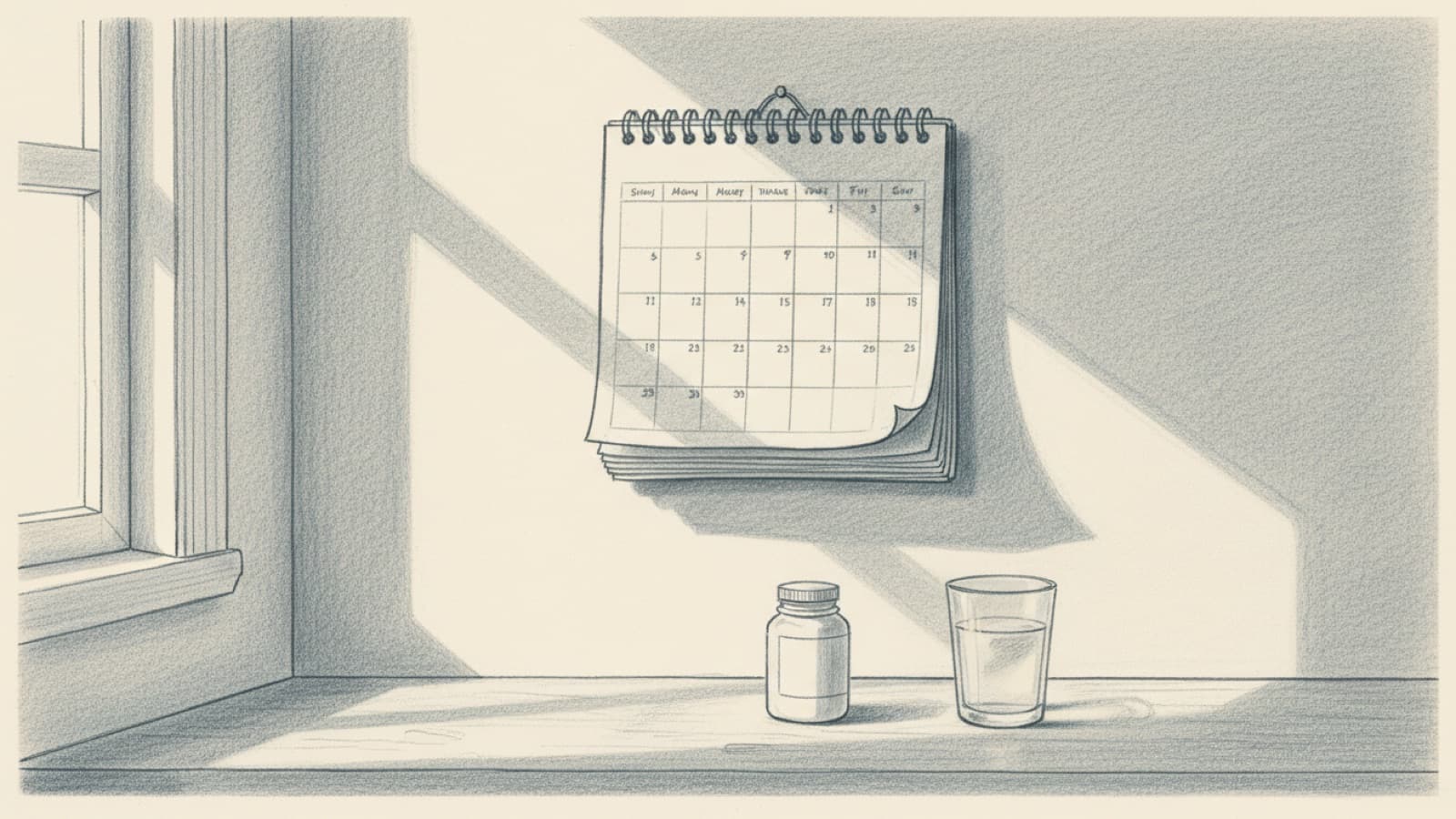 A kitchen wall calendar flipped through a year, a small tablet bottle and a glass of water on the counter below, warm morning light