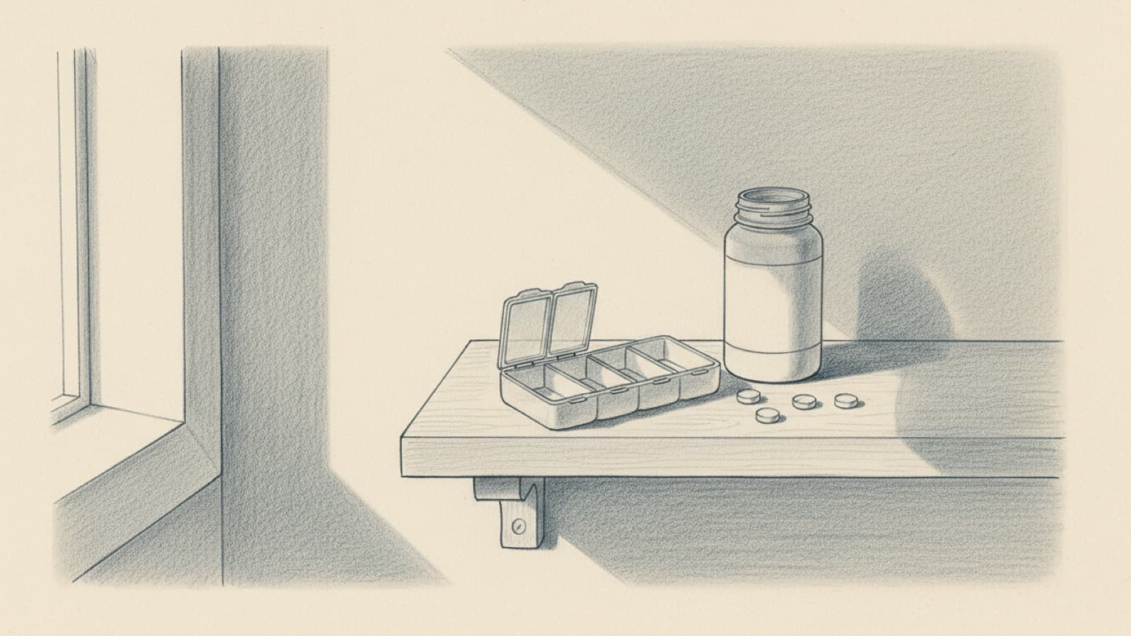 A weekly pill organizer left empty on a bathroom shelf, a small tablet bottle standing next to it, morning light