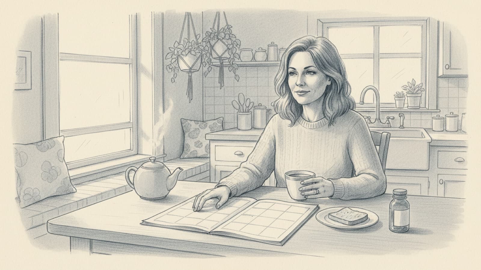 A woman in her forties sitting at a kitchen table with a calendar and a cup of tea, a small tablet bottle pushed to the side, morning light