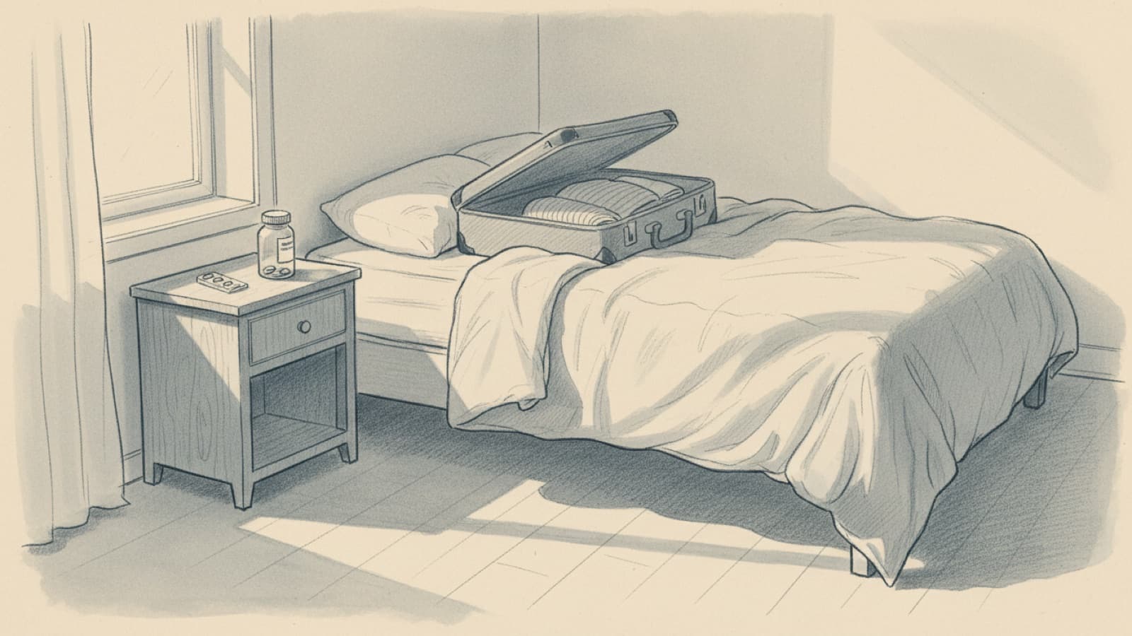 A suitcase half unpacked on a bed, a small tablet bottle taken out and set on the nightstand, afternoon light